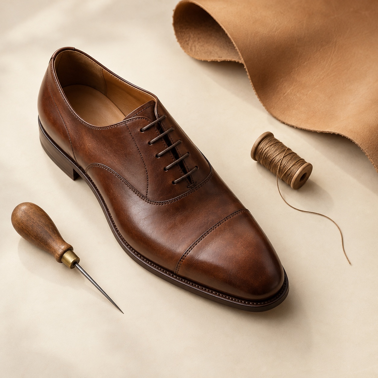 Illustrative still life of a brown leather shoe, thread, leather and cobbler’s awl